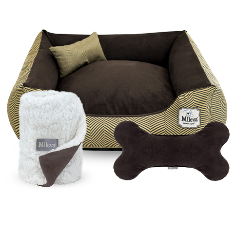 Cama Pet Camurça + Coberdrom + Brinquedo Ossinho 04 Peças - Espinha De Peixe Tabaco - Vip 2 - comprar online