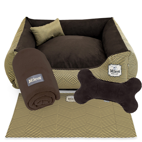 Cama Pet camurça + manta + Brinquedo Ossinho + Tapetinho Estampado 05 Peças - Espinha De Peixe Tabaco - Premium 1 - comprar online