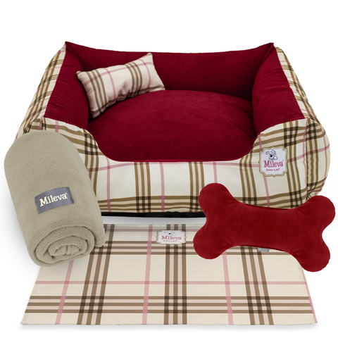 Cama Pet camurça + manta + Brinquedo Ossinho + Tapetinho Estampado 05 Peças - Burberry Vermelho - Premium 1 - comprar online