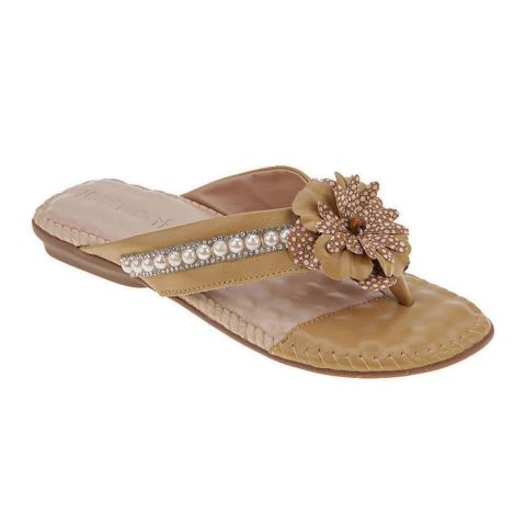 Chinelo Feminino em Couro Marrom Enfeite de Flor em Couro e aplique perolas Italeoni