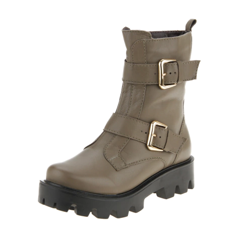 Bota em couro cano medio com fivelas ziper interno e solado em PU 5cm