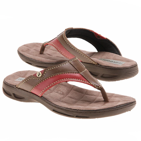 Chinelo Masculino em Couro Atanado Marrom e Vermelho Italeoni