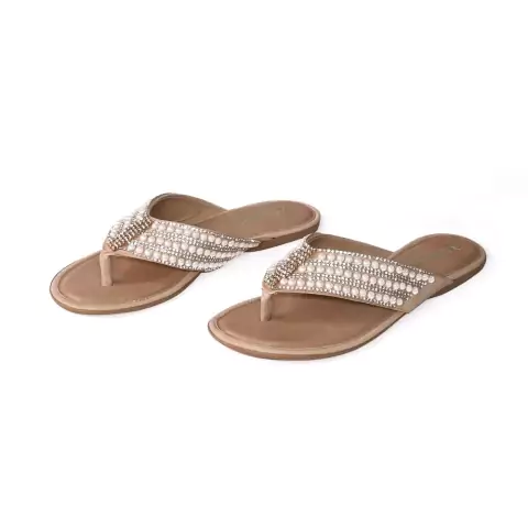 Rasteirinha de Tiras Largas Bege com Strass e Pérolas Italeoni