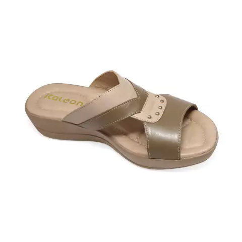 Tamanco Slide Anabela em Couro Tabaco e Areia Italeoni