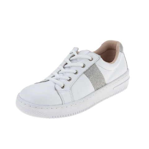 Tênis feminino em couro Branco com cadarço e detalhe com brilho na parte externa