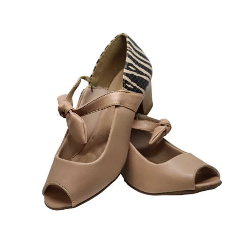 Sapato Peep Toe Rosado Salto Grosso com Amarração Italeoni