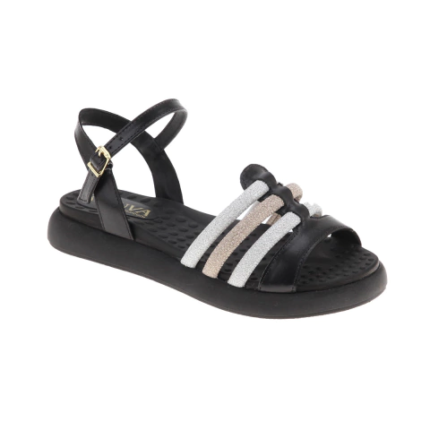 Sandália em couro com detalhe em tiras brilho cristal ouro e prata