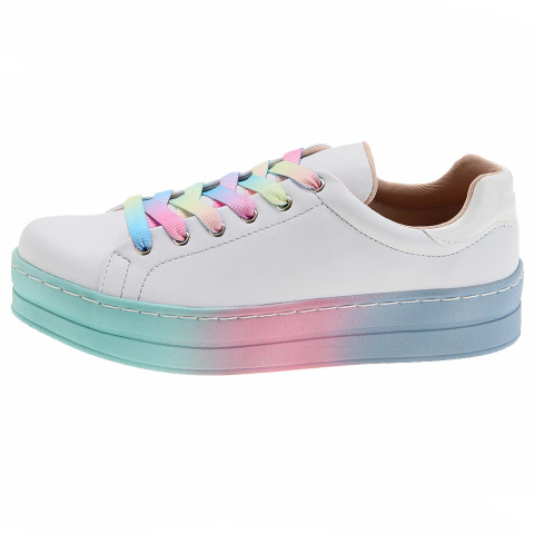 Tênis Feminino Flatform em Couro Branco com Sola Colorida Italeoni