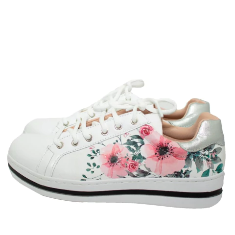 Tênis Casual Feminino em Couro Florido Branco Italeoni