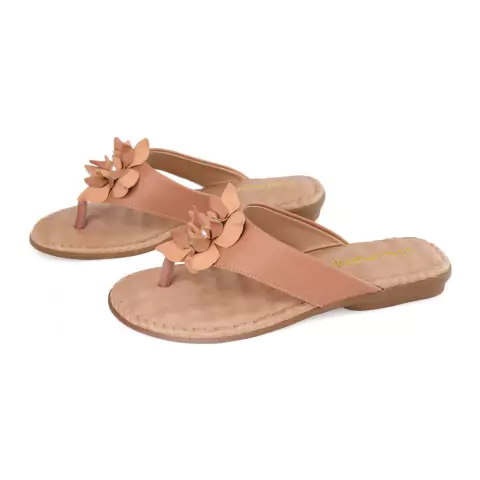 Rasteirinha de Tiras Largas Nude com Flores Italeoni