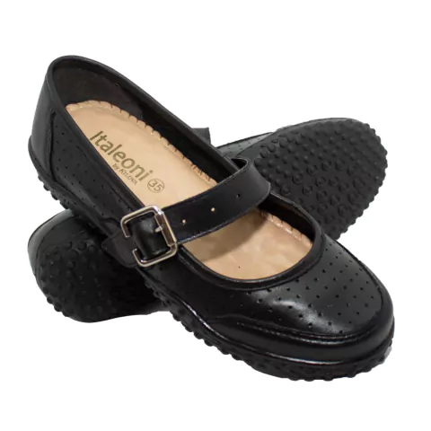 Sapatilha Boneca Couro Afivelada Preto Italeoni