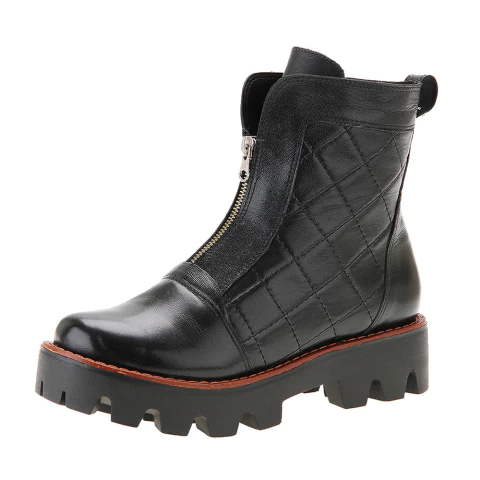 Bota Coturno Tratorada em Couro Preto com Zíper Frontal Italeoni