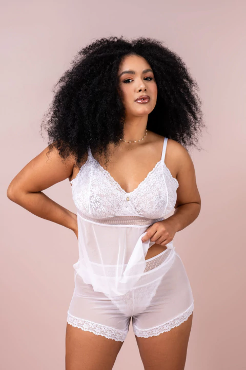 Short Doll Feminino de Tule e Renda Com Detalhes de Elástico Texturizado Fascínio - comprar online