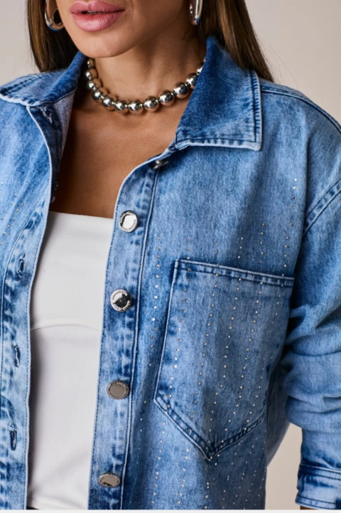 Camisa Feminina Jeans com Strass