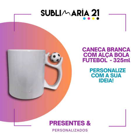 Personalize a caneca branca com enfeite de bola de futebol na alça, caneca com alça de futebol personalizada, caneca personalizada com enfeite de bola de futebol na alça, caneca personalizada tema futebol