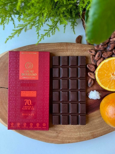 Chocolate 70% cacau - laranja e flor sal - LOW CARB - zero açúcar - 80g