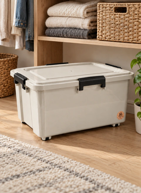 Caja Organizadora Grande Eco Friendly con Ruedas y Trabas 35 Litros Beige