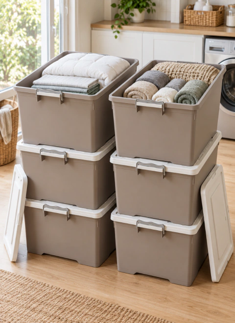 Set x6 Cajas Organizadoras Plásticas 75 Lts Apilables Con Ruedas - Tapa Blanca