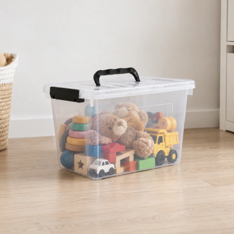 Caja Organizadora Plastica Transparente de 24 Litros Apilable con Trabas y Manijas.