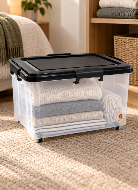 Caja Organizadora con Tapa Plastica 35 L Apilable Con Ruedas