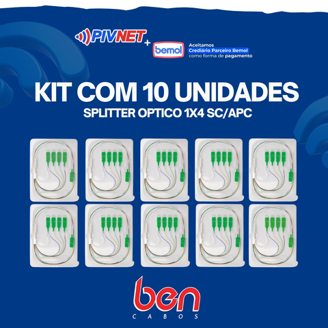 Kit Com 10 Unidades Splitter Optico 1x4 PLC Com Conector SC/APC SM BenCabos
