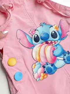 Jardineira Jeans Infantil Juvenil Stitch Rosa 33