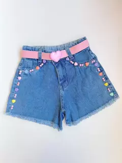 Short Jeans Infantil Juvenil Pedrinhas Coração com Cinto 13 - comprar online