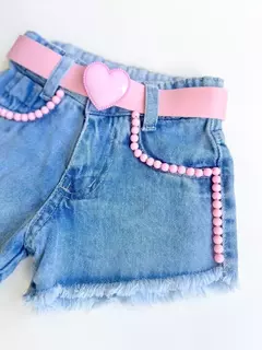Short Jeans Infantil Juvenil Pedrinha Rosa com Cinto 08 - loja online