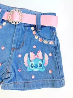 Short Jeans Infantil Juvenil Stitch Pedraria com Cinto 19 na internet