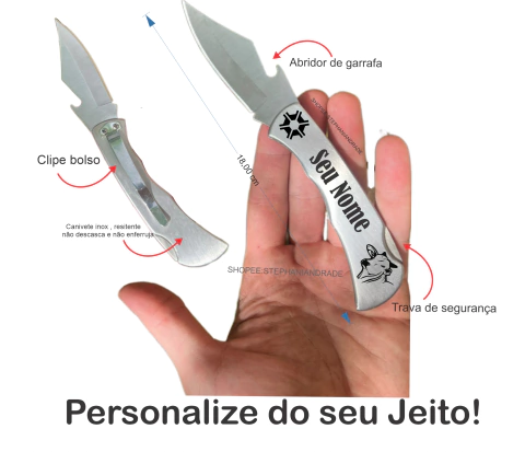 canivete inox de bolso clip gravado seu nome e imagem