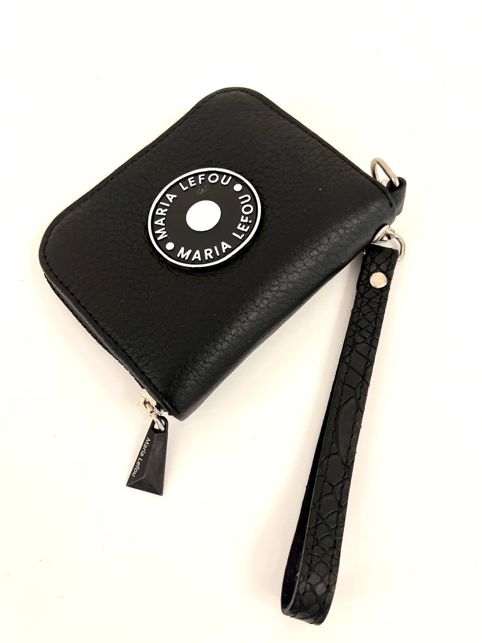 billetera olivia negra con logo redondo