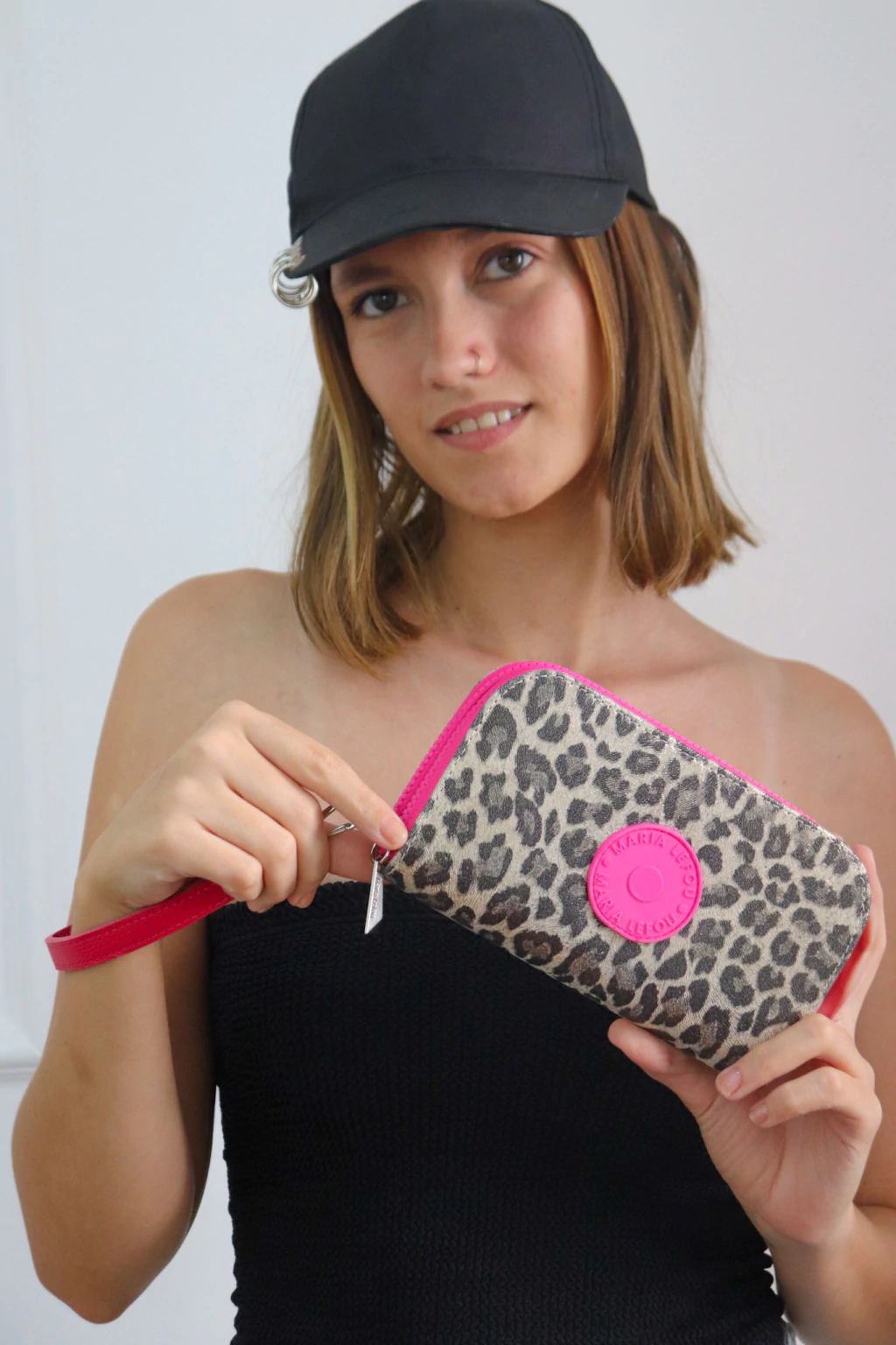 Billetera Doble cierre animal print gris