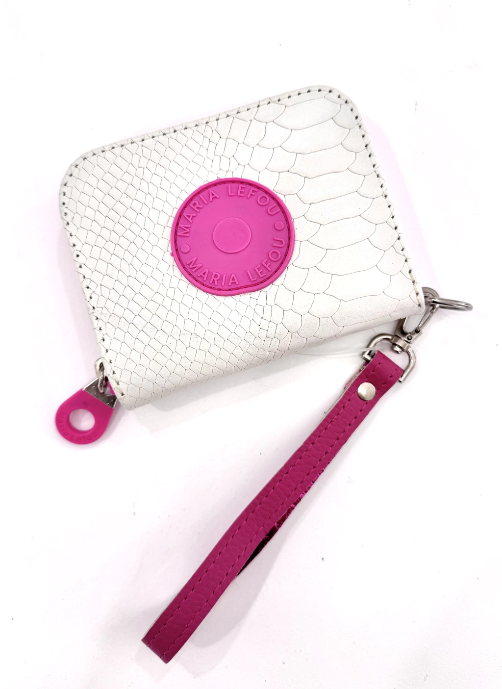 billetera olivia blanca combinada con fucsia