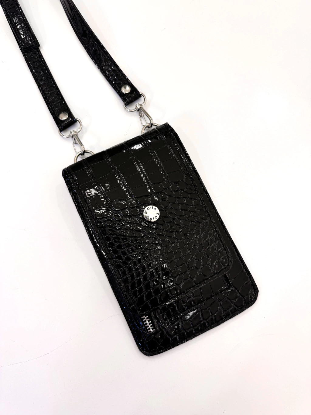 portacelular plano negro croco charol