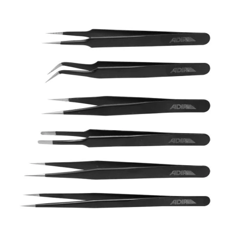 Juego de seis pinzas hobby antimagnéticas negras con diferentes puntas, incluyendo puntas rectas y curvas, marca Adir