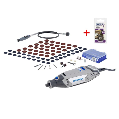 Kit Dremel 3000 con mototool, eje flexible, 82 accesorios entre discos de corte, lijado, fresas, mandriles, brocas y estuche plástico, más cepillo abrasivo de regalo