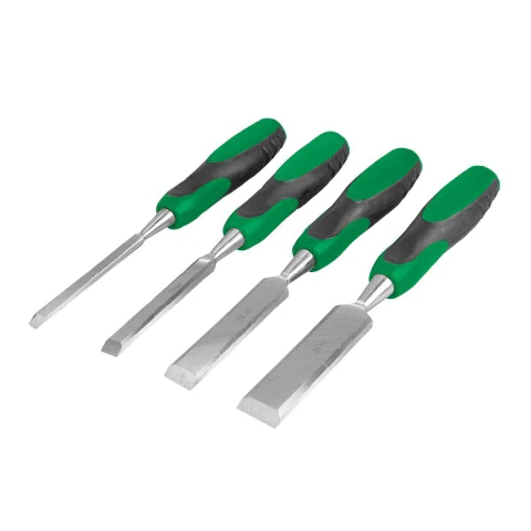 Set de 4 formones con mango bimaterial ergonómico en colores verde y negro, con hojas de acero de diferentes tamaños