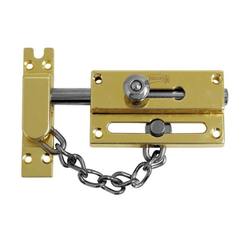 Pasador de seguridad con cadena en acabado latón brillante para puertas abatibles