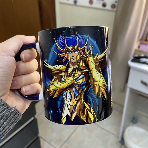 Caneca de Cerâmica Alça e Interior Azul Escuro Cavaleiros do Zodíaco Signo Câncer
