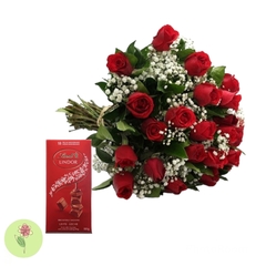 Buquê com 20 Rosas Vermelhas com Chocolate Lindt