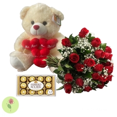 Buquê com 10 Rosas, Pelúcia e Chocolate
