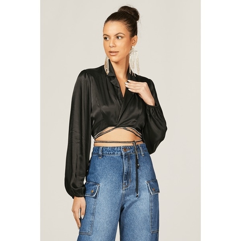 BLUSA GOLA BLAZER AMARRAÇÃO STRASS LISA - PRETO