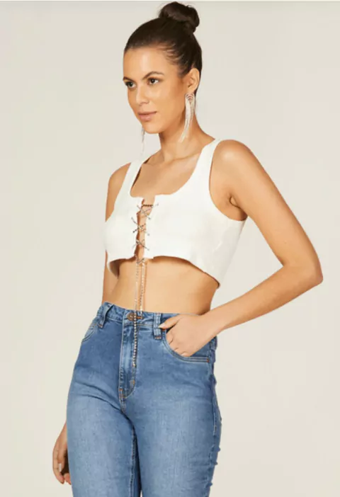REGATA CROPPED STRASS CANELADA - BRANCO