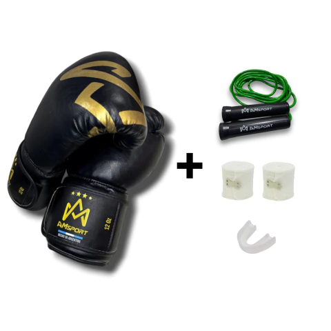COMBO GUANTES PROFESIONAL DE CUERO SINTÉTICO + VENDAS + BUCAL + SOGA