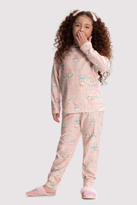 Pijama Infantil Meninas Rosa Estampado Quentinho