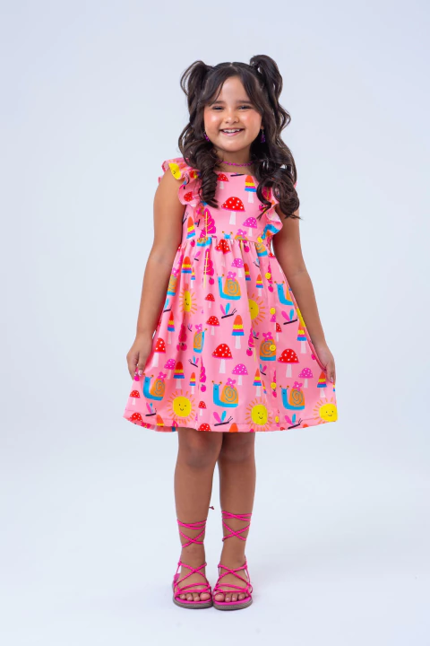 Vestido Infantil Rosa Estampa Lúdica Cogumelo - Vestido Clara