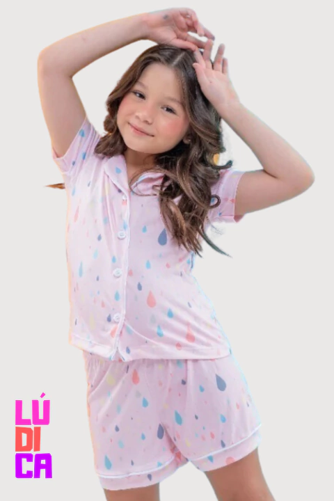 Pijama Feminino Infantil Americano Verão Estampa Gotinhas de Chuva