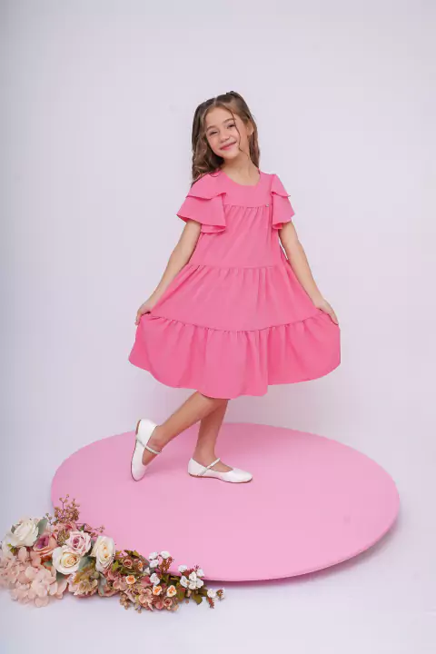 Vestido Infantil Rosa Chiclete Rodado 3 Marias Manga Dupla