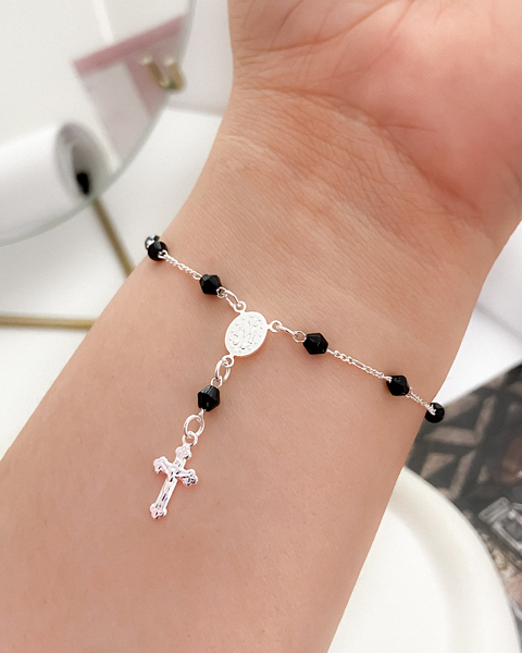 pulseira Terço com cristais preto - Prateado
