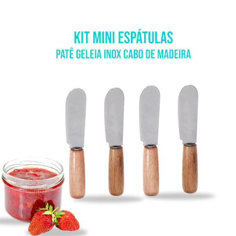 Kit 4 Mini Espatulas Patê Geleias - Aco Inox e Cabo Madeira 10cm
